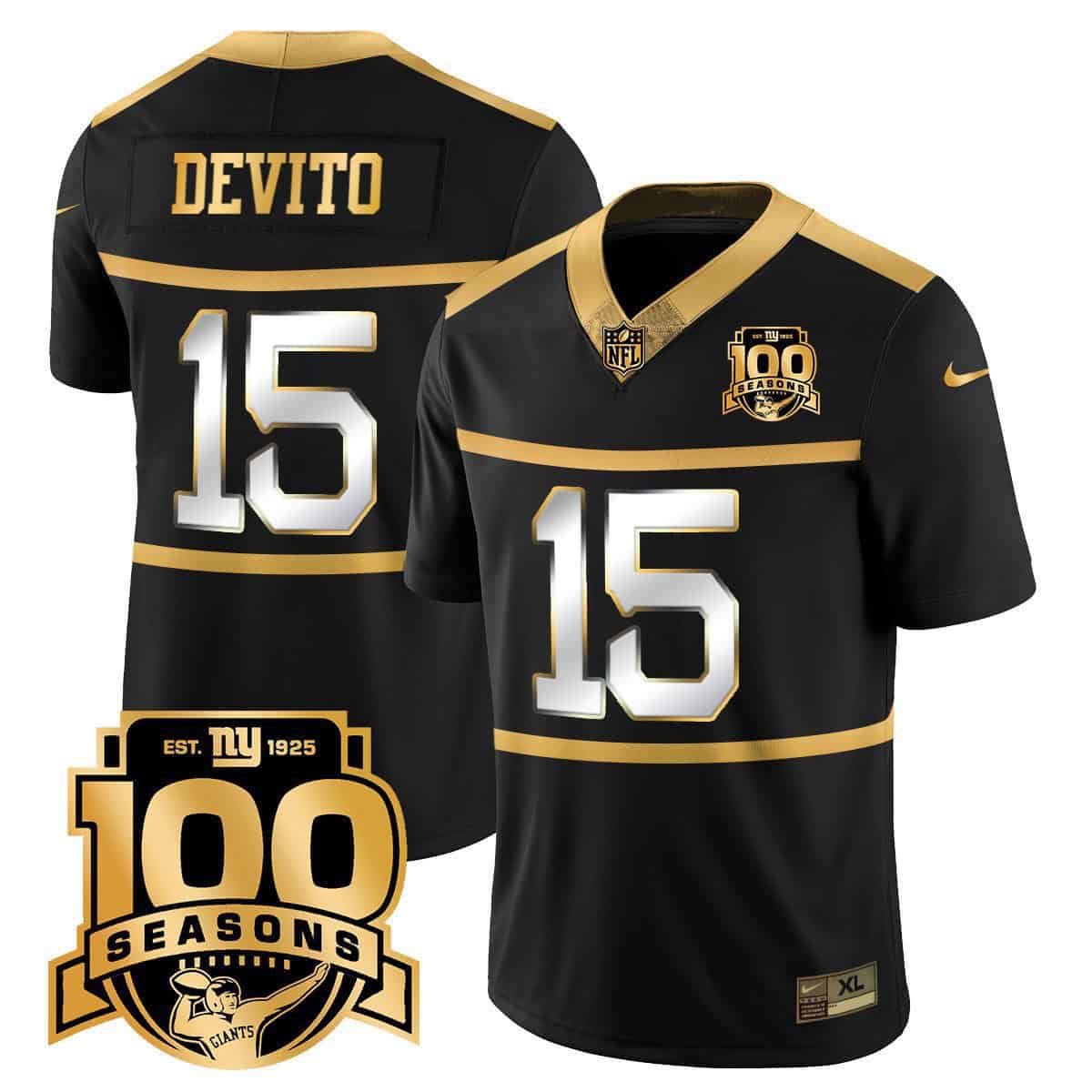 Men New York Giants #15 Devito 2024 Nike Black 100TH Season Commemorative Vapor NFL Jersey